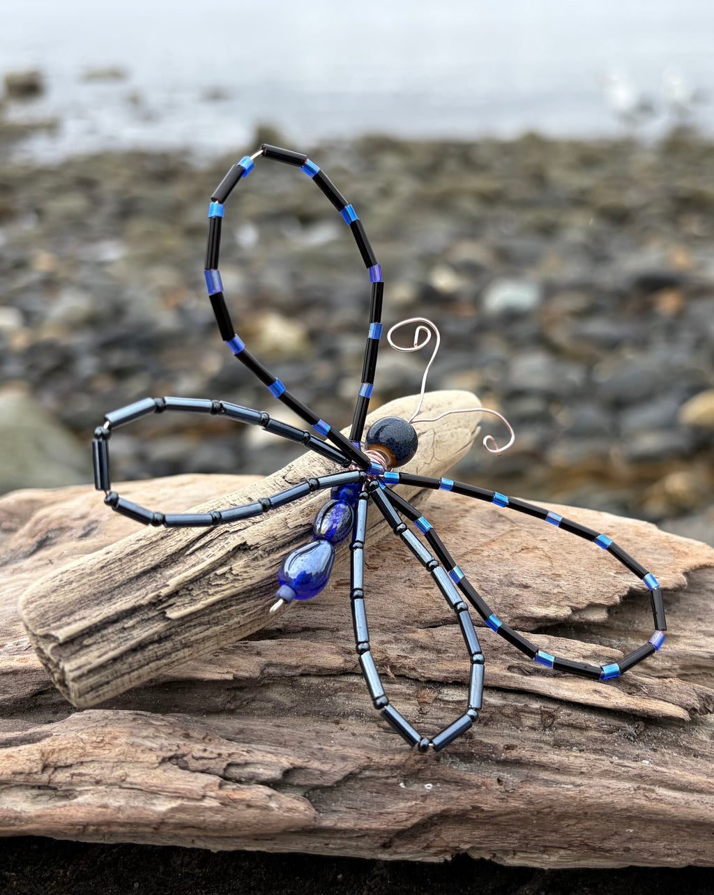 Black and Blue Beaded Butterfly 4" Hairclip